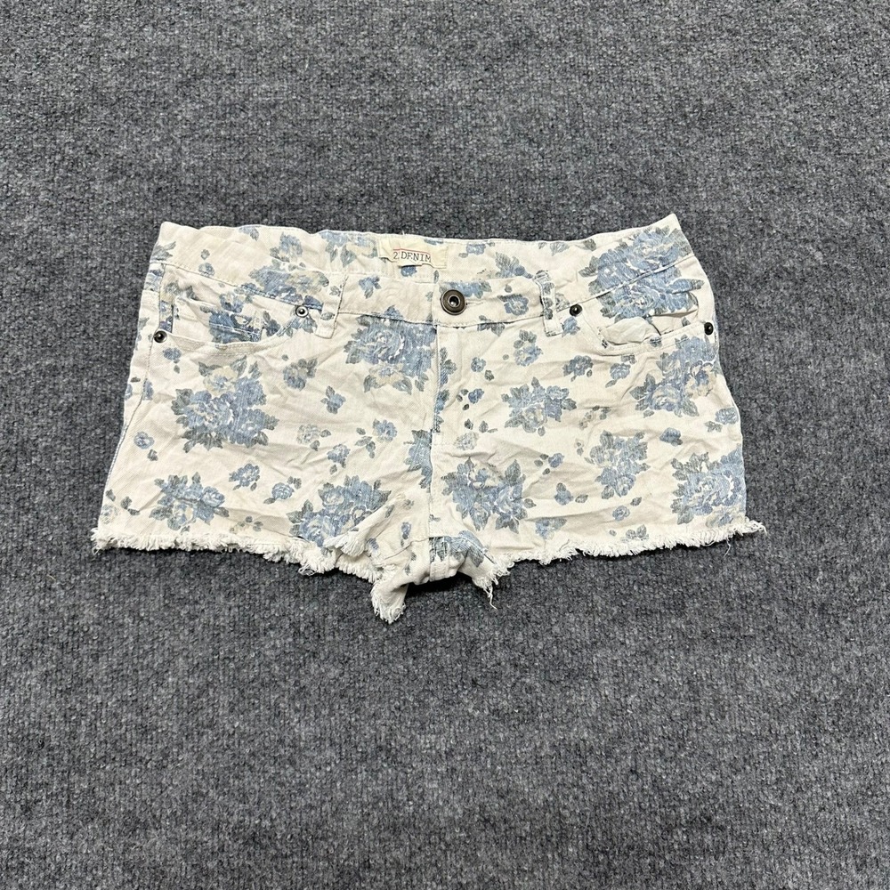21 Denim Shorts Womens Size 29 Blue Floral Print Raw Hem Low Rise Cut Offs